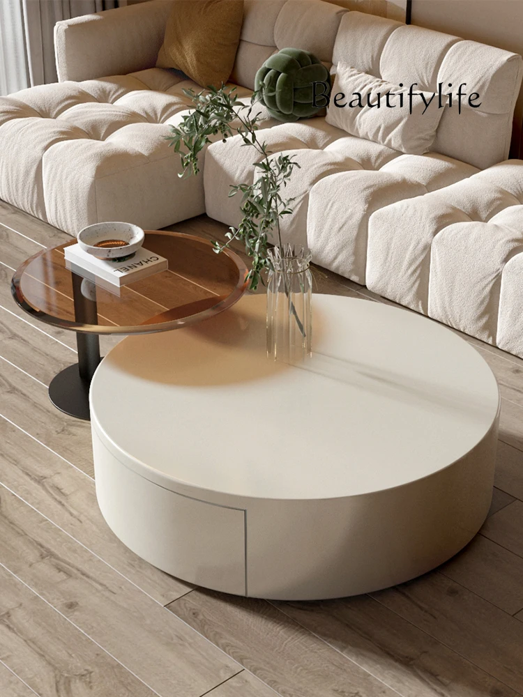 

Size round Combination Stone Plate Coffee Table Light Luxury Cream Style Living Room Home Tempered Glass Side Table