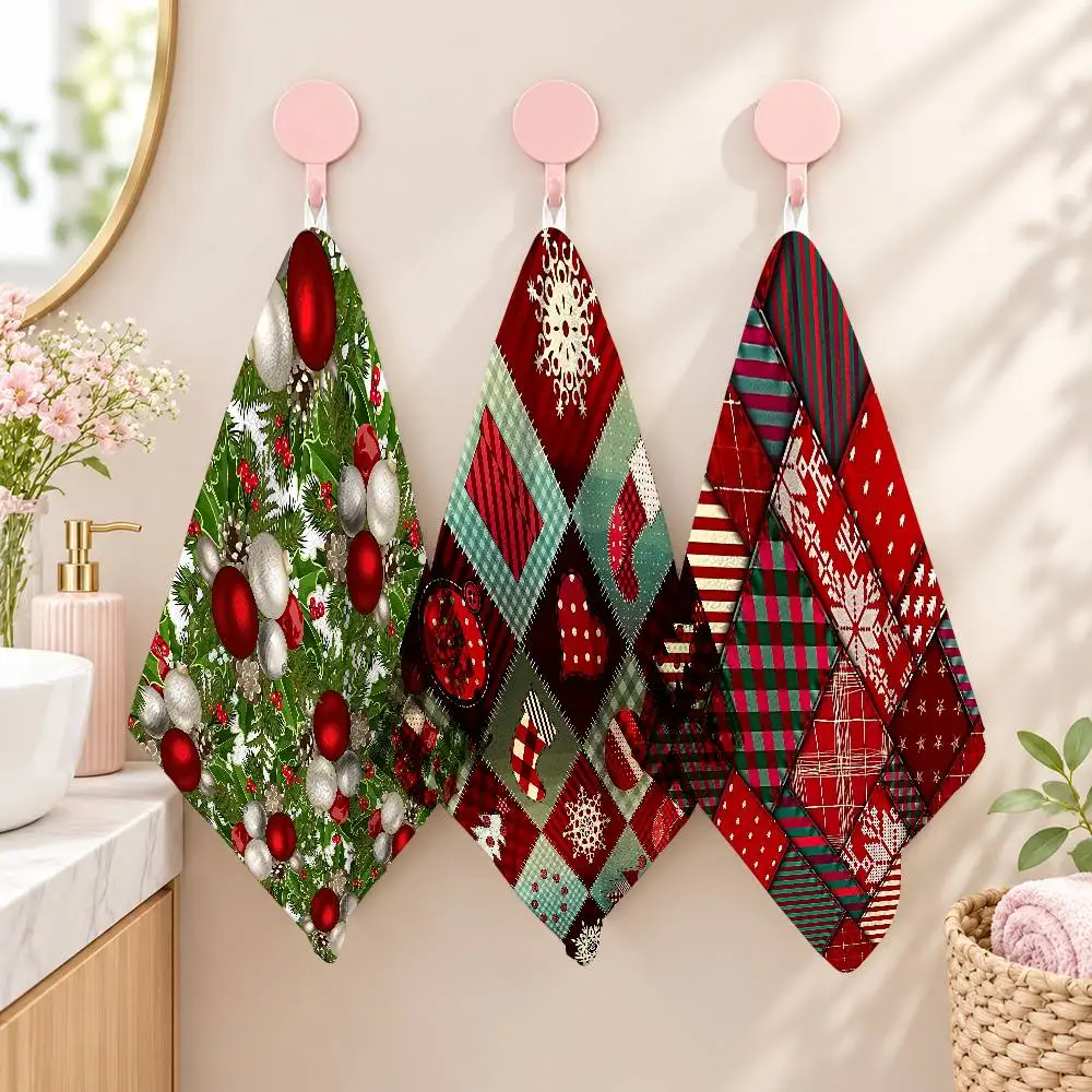 Christmas Red-green Tartan Small Printed Hand Towel 25x30cm Soft Polyester Cotton Towel For Bathroom Kitchen Sink Use