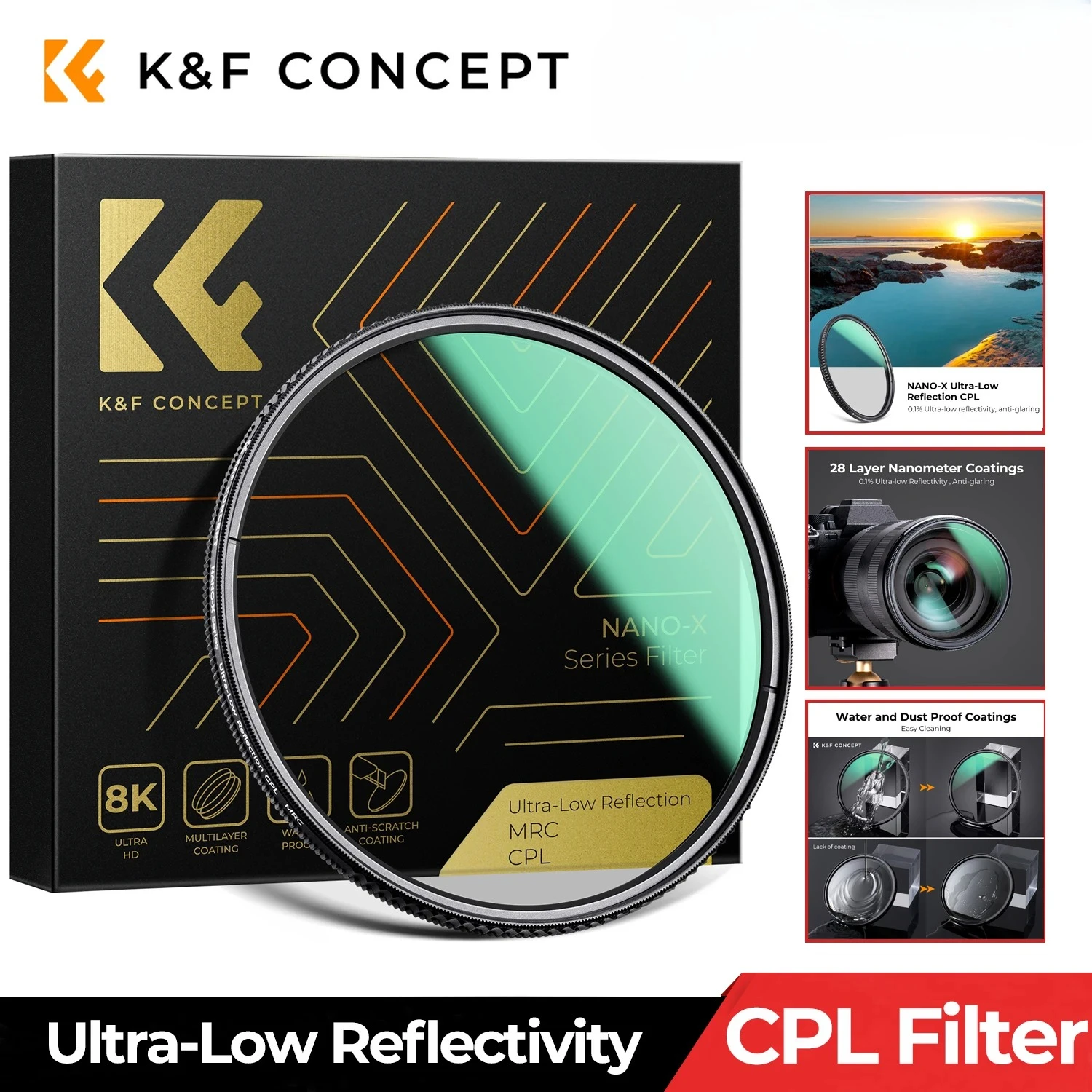K&F Concept Ultra-Low Reflectivity Circular Polarizer Filter with 28 Multi-Layer Coatings Ultra-Slim HD CPL Filter Nano-X Series