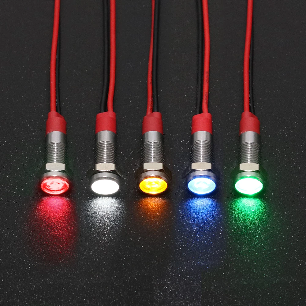 6mm LED Metal Indicator Light 6mm Waterproof Signal Lamp Light 6V 12V 24V 220v Wires Connect  Brass Nickel PlatingGreen Red Blue