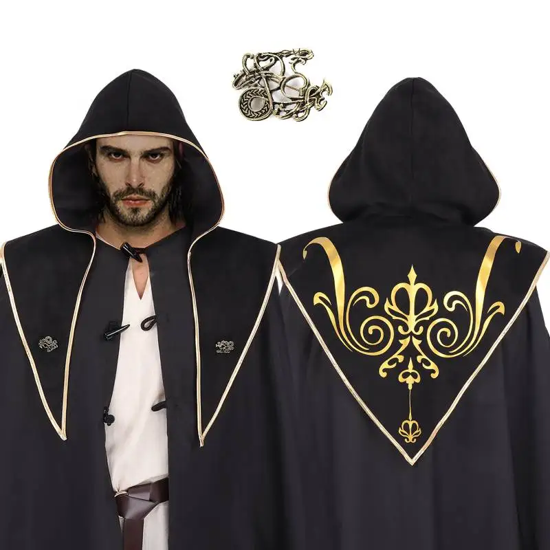 

DAZCOS Fantasy Medieval Suede Capelet with 2 Brooches Medieval Printed Cowl Hood Hat Renaissance Vampire Cape for Halloween