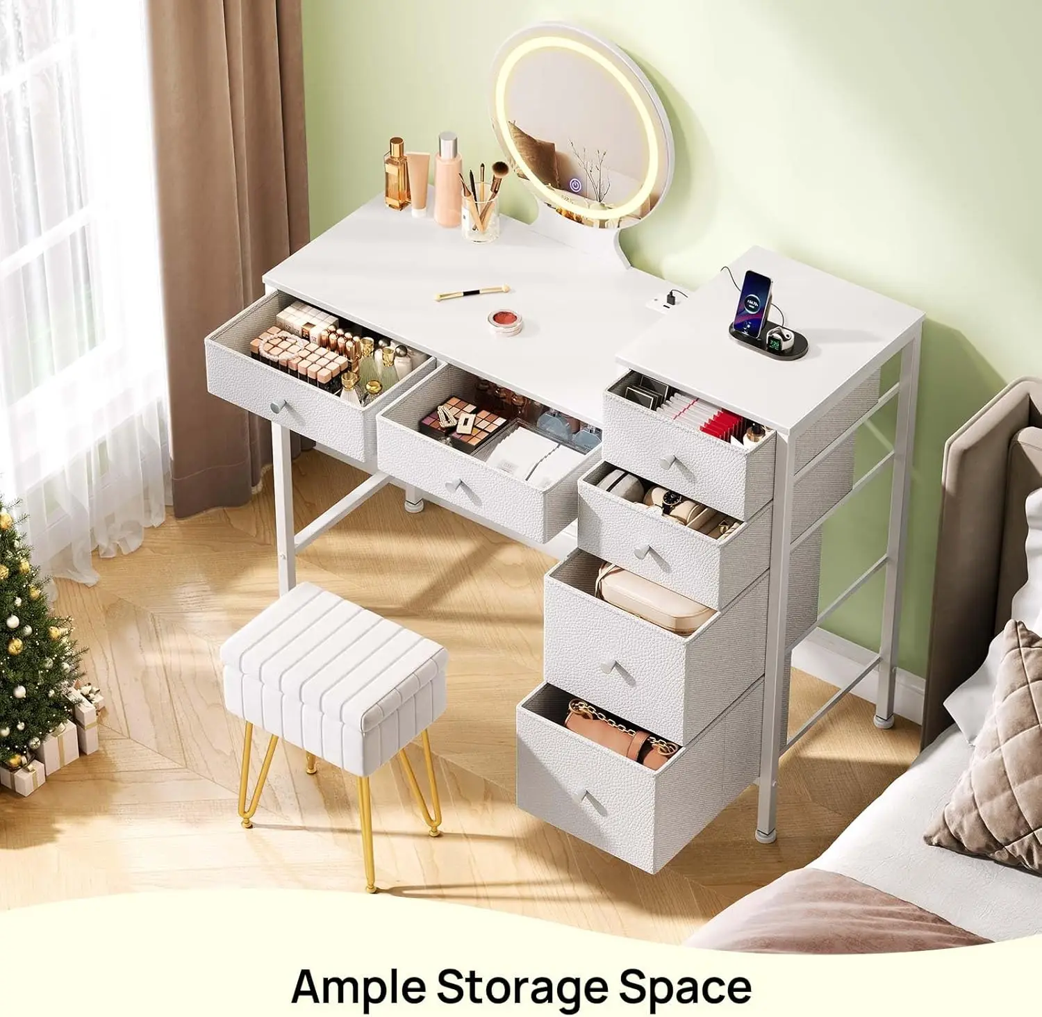 

Vanity Desk with Mirror and Lights, Makeup Vanity Desk with Charging Station, 6 Storage Drawers, 3 Color Modes, Dimmable