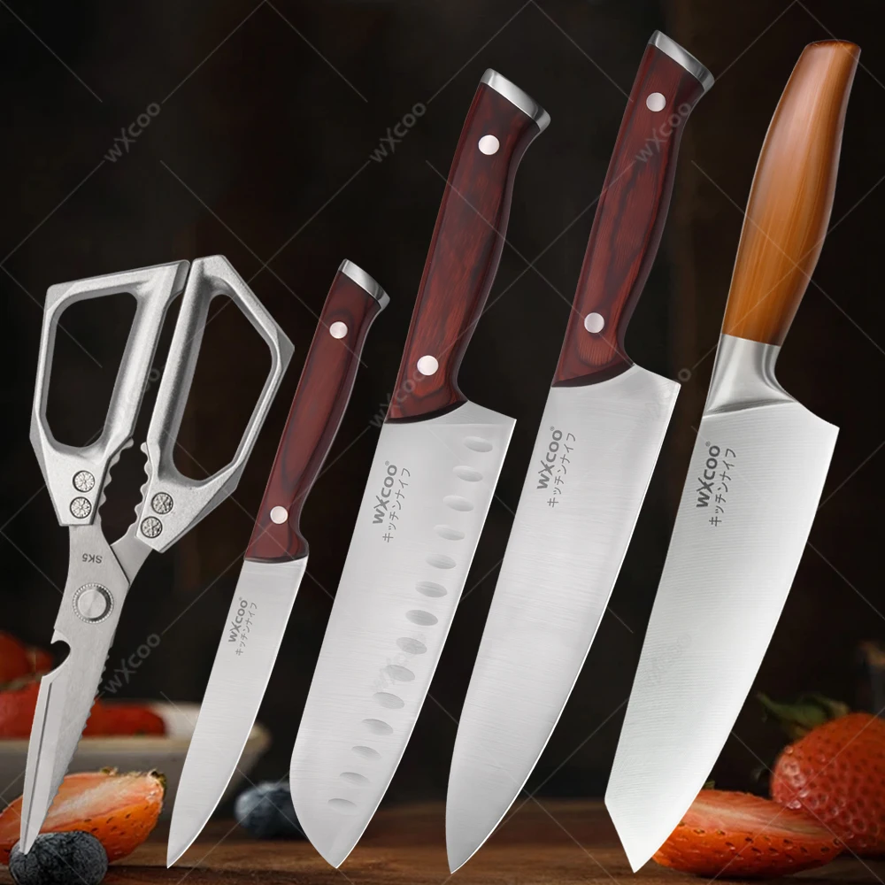 Wooden Handle Kitchen Knife Japanese Santoku Fish Bone Cleaver Slicing Knife Stainless Steel Household Fruit Vegetable Knife