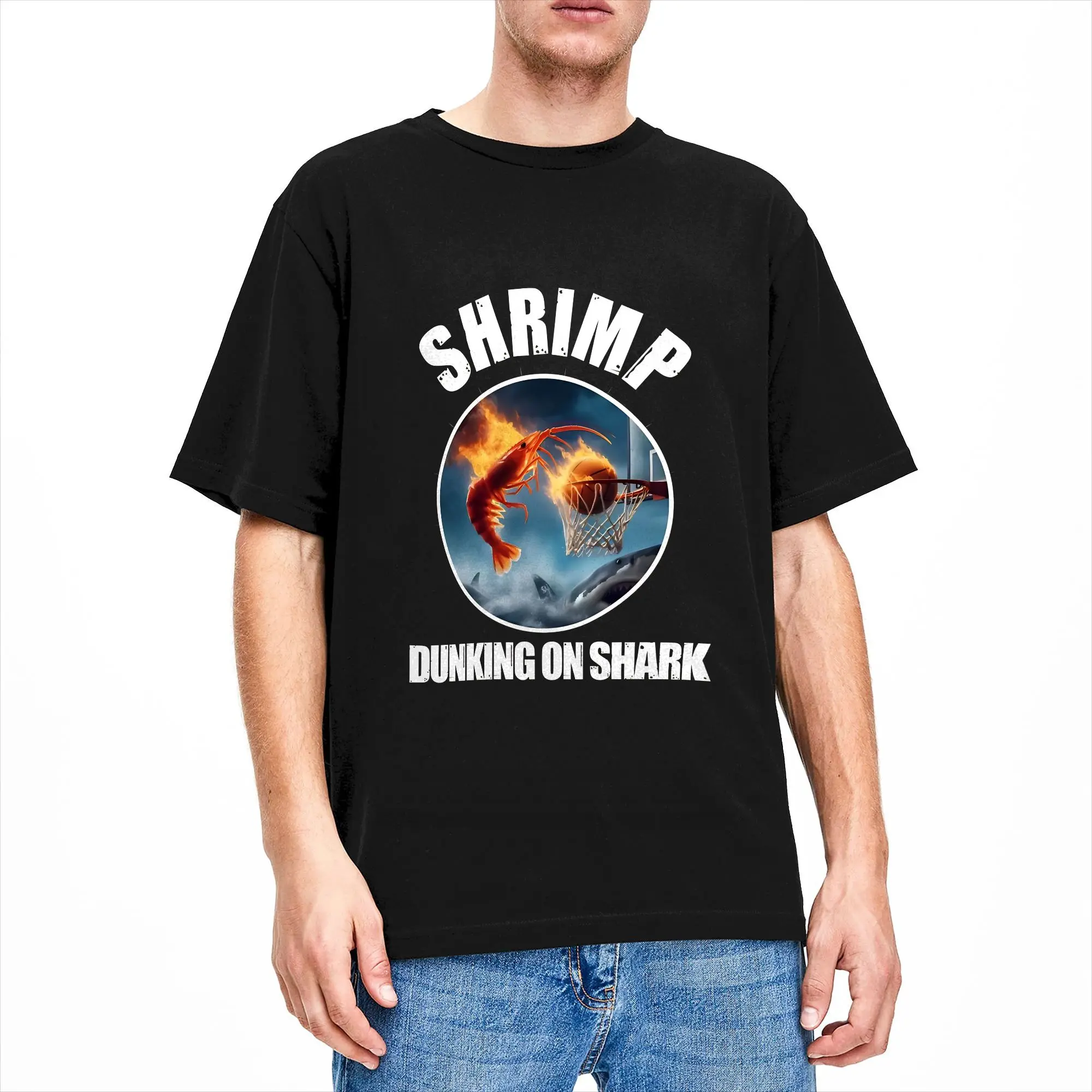 Shrimp Dunking On Shark Basketball Cotton T Shirt For Men Summer  Vintage T-Shirts Comfortable Hipster Tees Oversize Tops