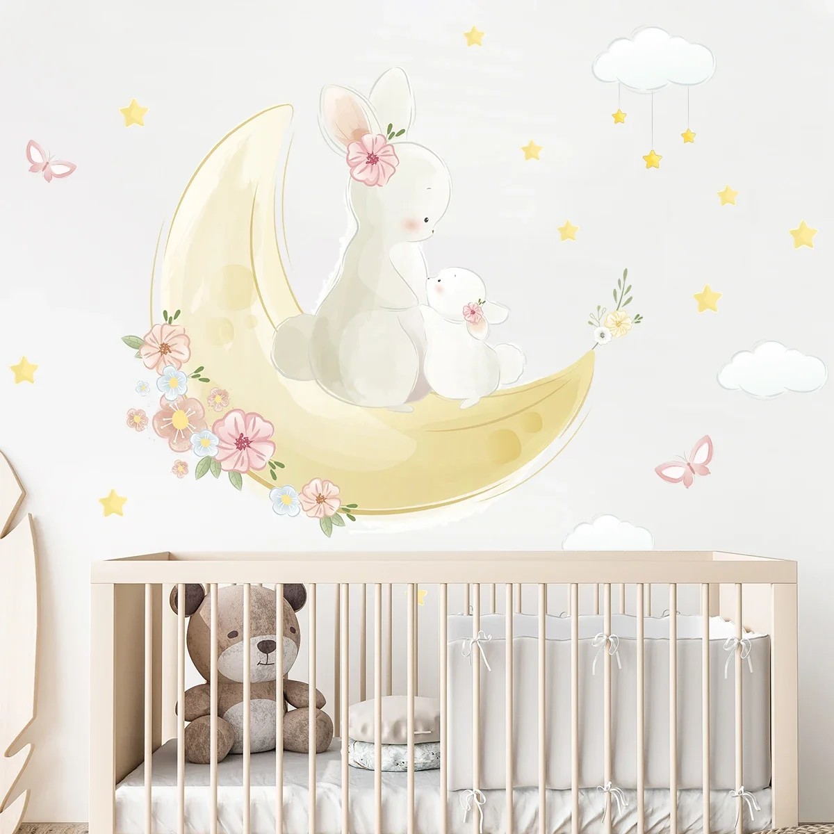 Cartoon Sleep Animals Rabbit Moon Wall Stickers for Kids Room Decor Living Room Baby Nursery Bedroom Home Decoration Wall Decal