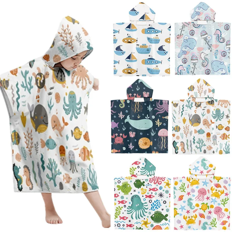 

Soft Baby Boy Girl Hooded Towel Toddlers Cartoon Ocean Animal Children Hooded Cloak Bathrobe Beach Bath Towel Robes