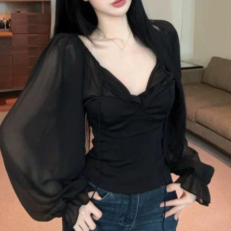 

Vintage Lace Up Lantern Sleeve Shirt for Women in Autumn, Slimming Up and Slimming Up, Spicy Girl Top Shirt