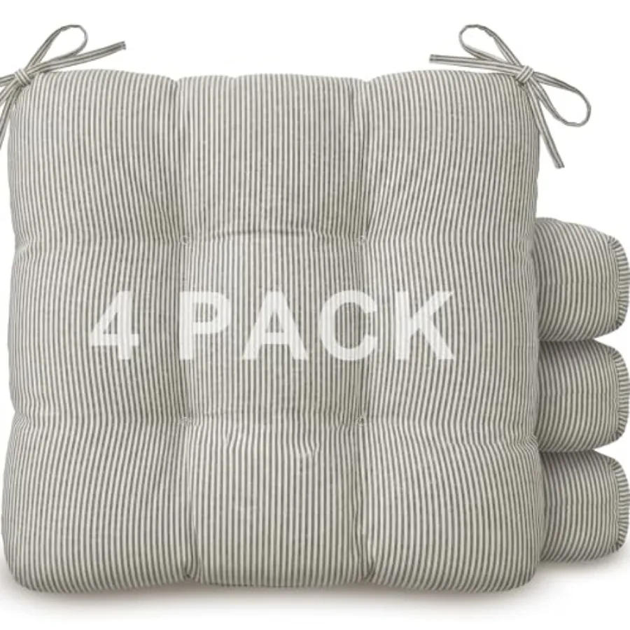 

4 Pack Ticking Stripe Chair Cushions with Ties 16"x15" Reversible Indoor Chair Pads for Dining Chairs Soft Kitchen Seat Cushion
