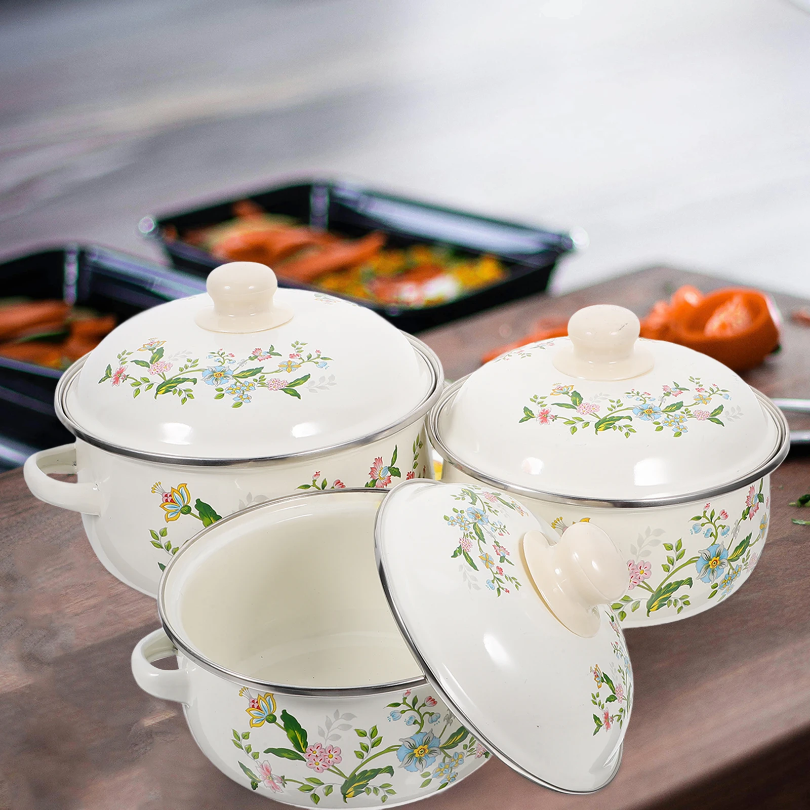 

3pcs Soup Pot Three-piece Set Enamel Cookware Lid Saucepan With Handle Gas Stove Stock Pots Small Handle Pan Kitchen Tool