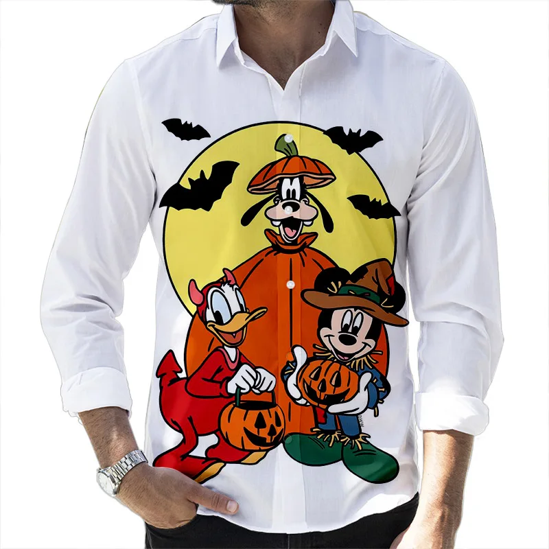 Camiseta de manga larga con estampado 3D para hombre, camisa de manga larga con solapa, ajustada, con estampado de dibujos animados de Disney Stitch y Mickey, para Halloween y otoño, 2022