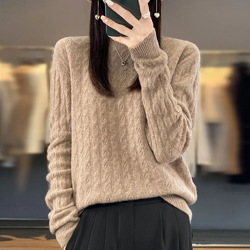 Women\'s Sweater Autumn/Winter 100% Pure Wool Hoodie Casual Knitted Blouse Round Neck Loose Tops Fashion Hollow Bottom Sweater