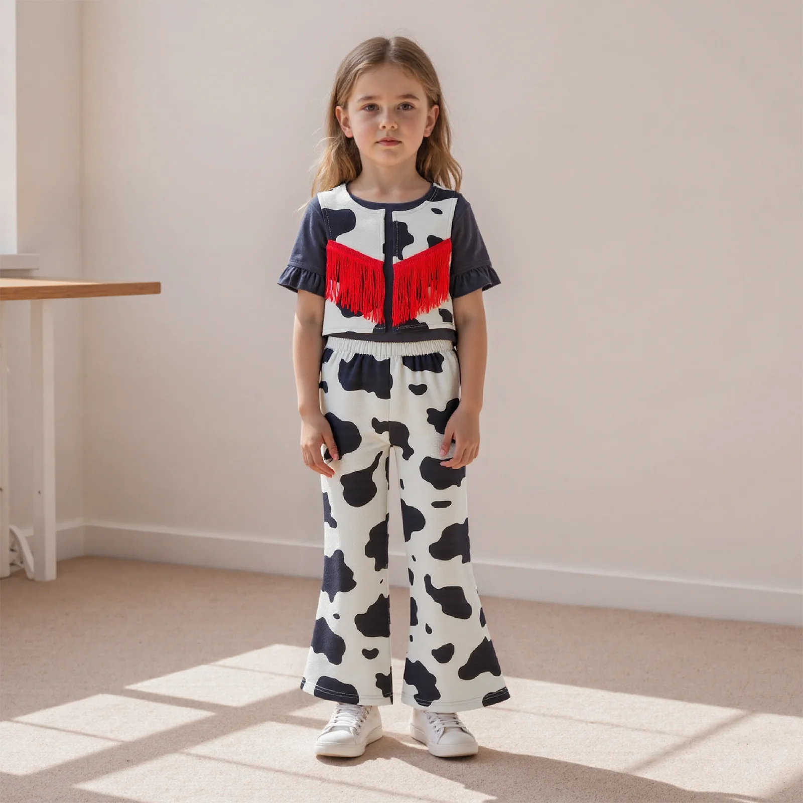 

Baby Western Style 2 Piece Outfits Sleeveless Crew Neck Cow Print Zipper Tops Elastic Waist Flared Pants Set