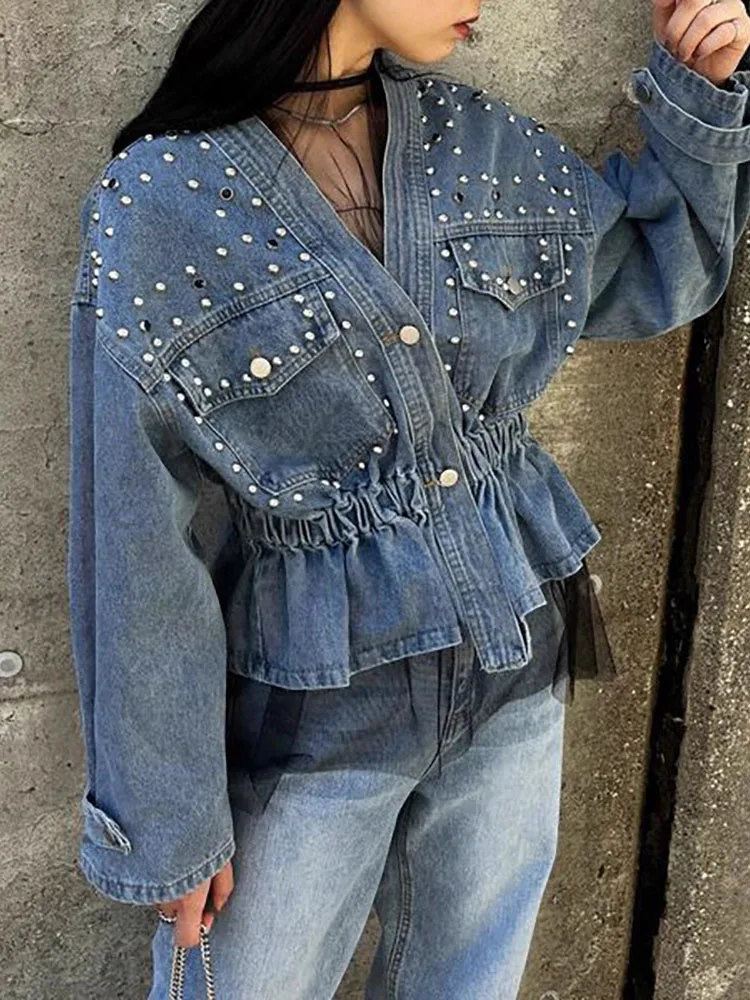 

MCDV Fashion Beading Patchwork Denim Jacket Women's Button V-neck Long Sleeved Waist Cinched Slim Crop Coats Casual Jean Outwear