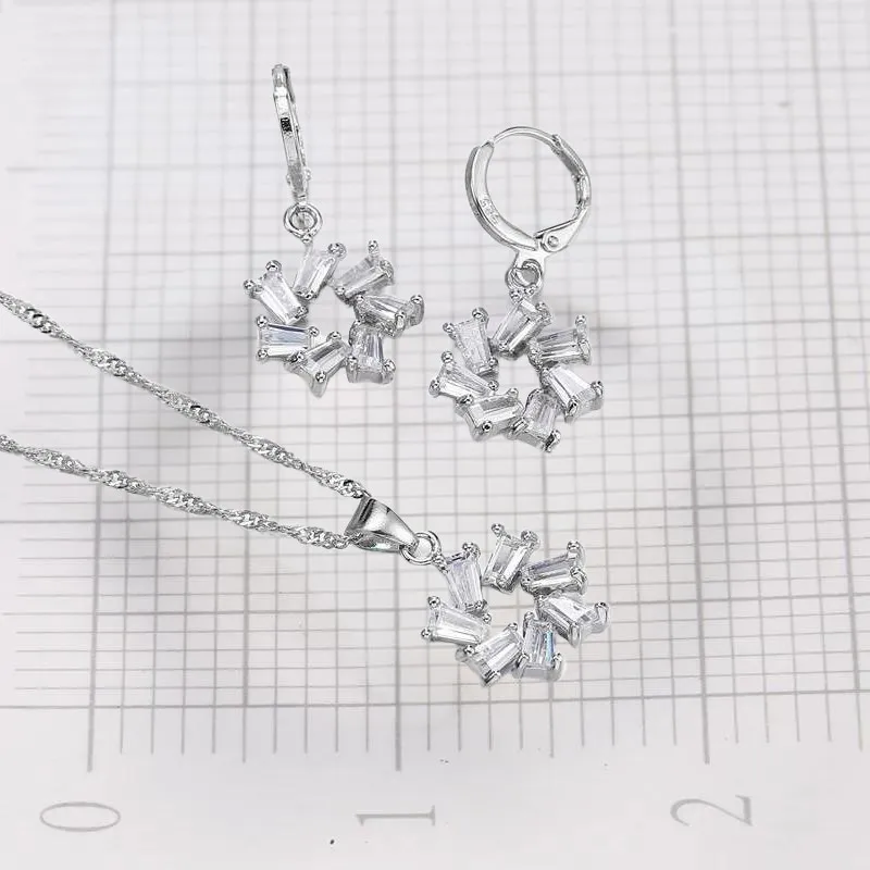Hot Sale Round Women Female Jewelry Shiny Cubic Zirconia 925 Sterling Silver Necklace Earrings Set For Party Engagement