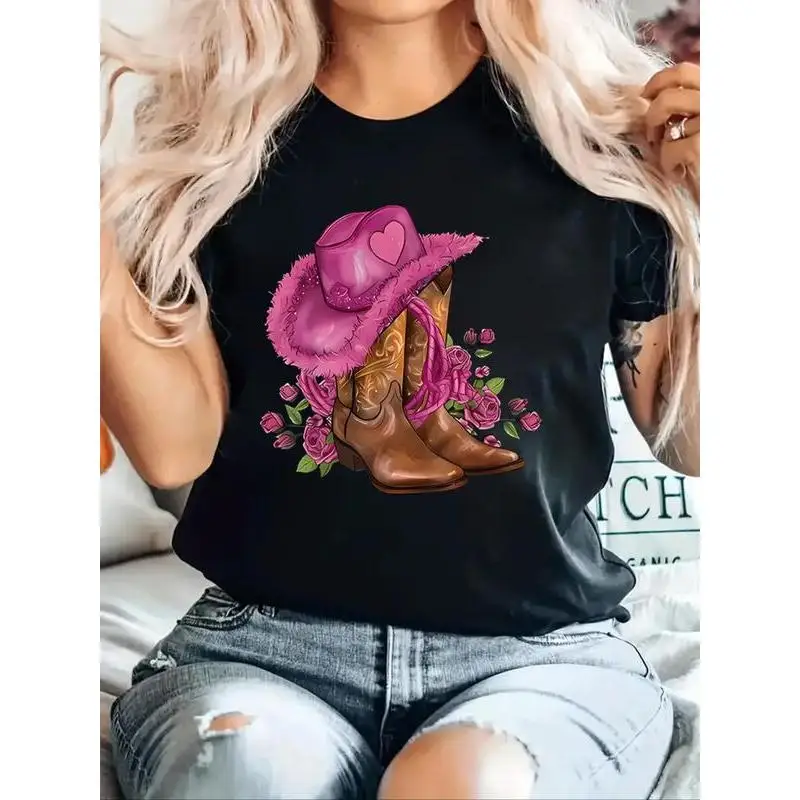 

Women's Floral & Boots Print Round Neck Tee, Trendy Casual Short Sleeve Crew Neck T-shirt for Daily Wear, Ladies Summer