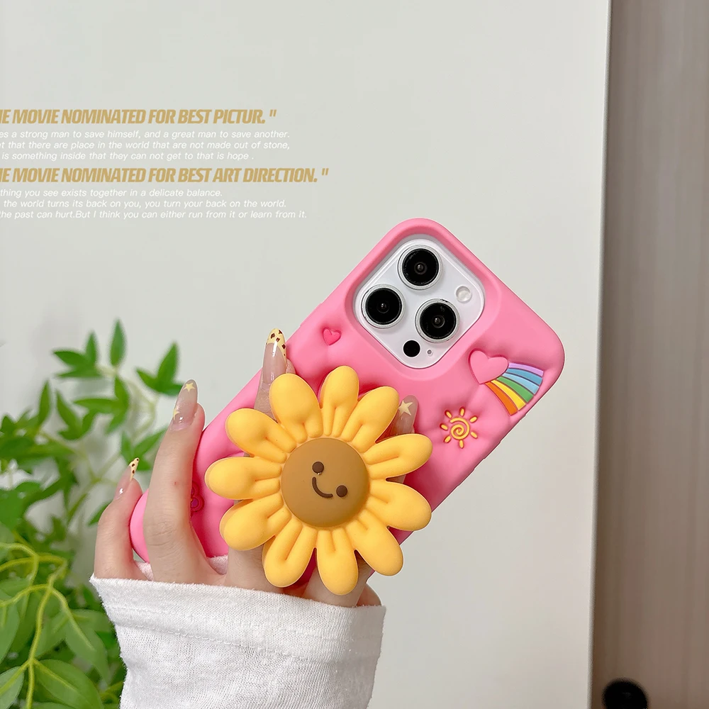 Niedliche Sonnenblumen-Teleskophalterungshülle, 3D-Blumenmuster, stoßfest, weiches Silikon, Ständerhalter-Abdeckung für iPhone 16, 15, 14, 13, 12 Pro Max – Detail 5