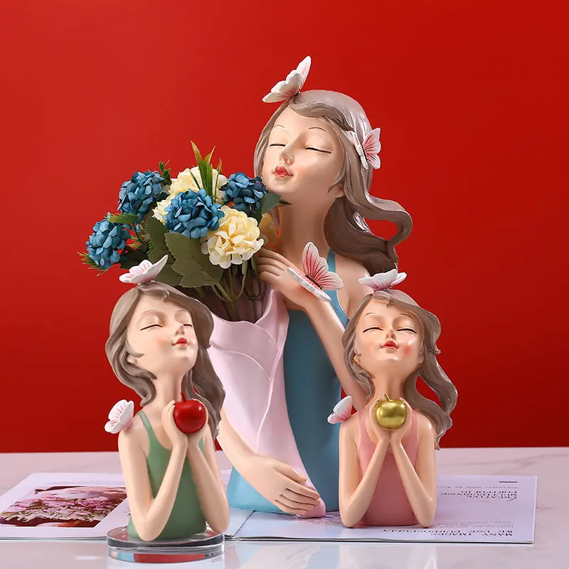 

Окрашенная смола, скульптура персонажа девушки, мультяшная милая ваза для чая с молоком, цветочная композиция, настольный поднос для хранения, статуя персонажа, декор