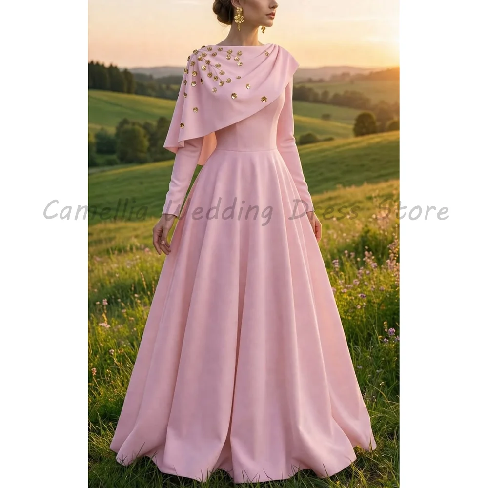 Elegant Blush Pink Mother of the Bride Dress Cape Style with Gold Embellished Shoulder A-Line Formal Wedding Guest Gown