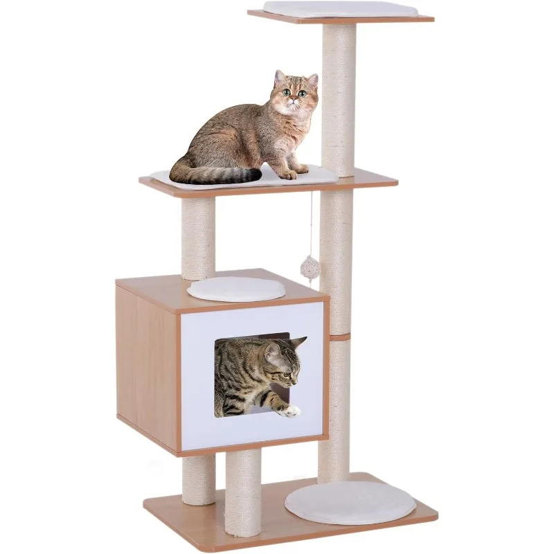 

47” Modern Cat Tree Multi-Level Scratching Post with Cube Cave Enclosure - Oak Wood and White