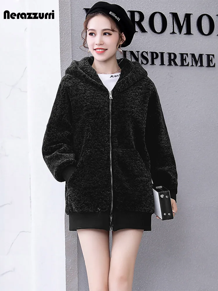 Nerazzurri Winter Oversized Warm Real Fur Sweatshirt Women 2022 Hooded Bomber Jacket Zipper Long Sleeve Sheep Shearling Coats