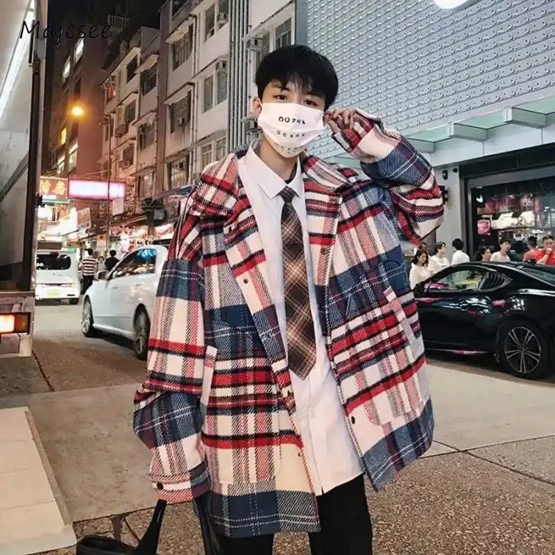 

Striped Blends Men Panelled Trendy Youthful Notched Collar Autumn Winter Large Pocket Hipster American Style Teenagers Overcoats