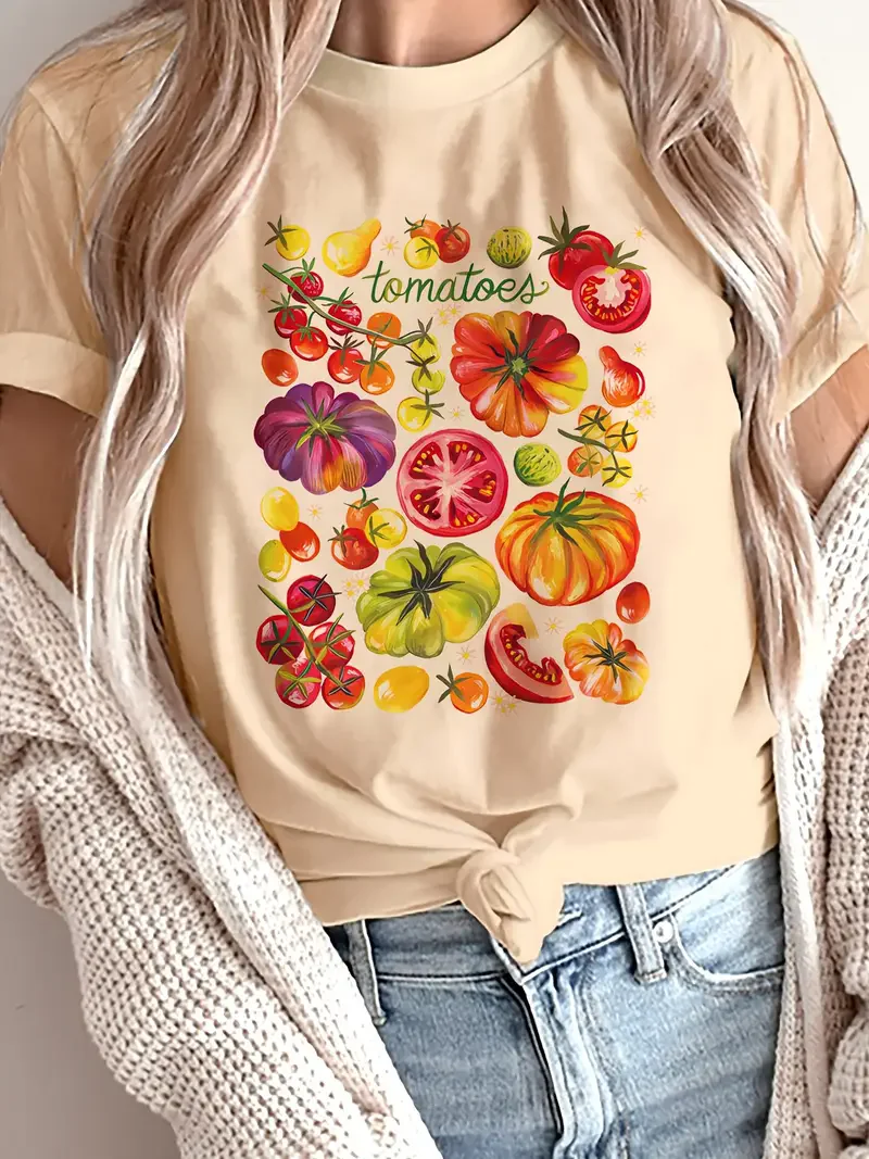 Lässiges Kurzarm-T-Shirt für Damen, abstrakter Tomaten-Gemüse-Druck, Rundhalsausschnitt, lebendige Frucht- und Gemüse-Grafik, Ganzjahres-Top