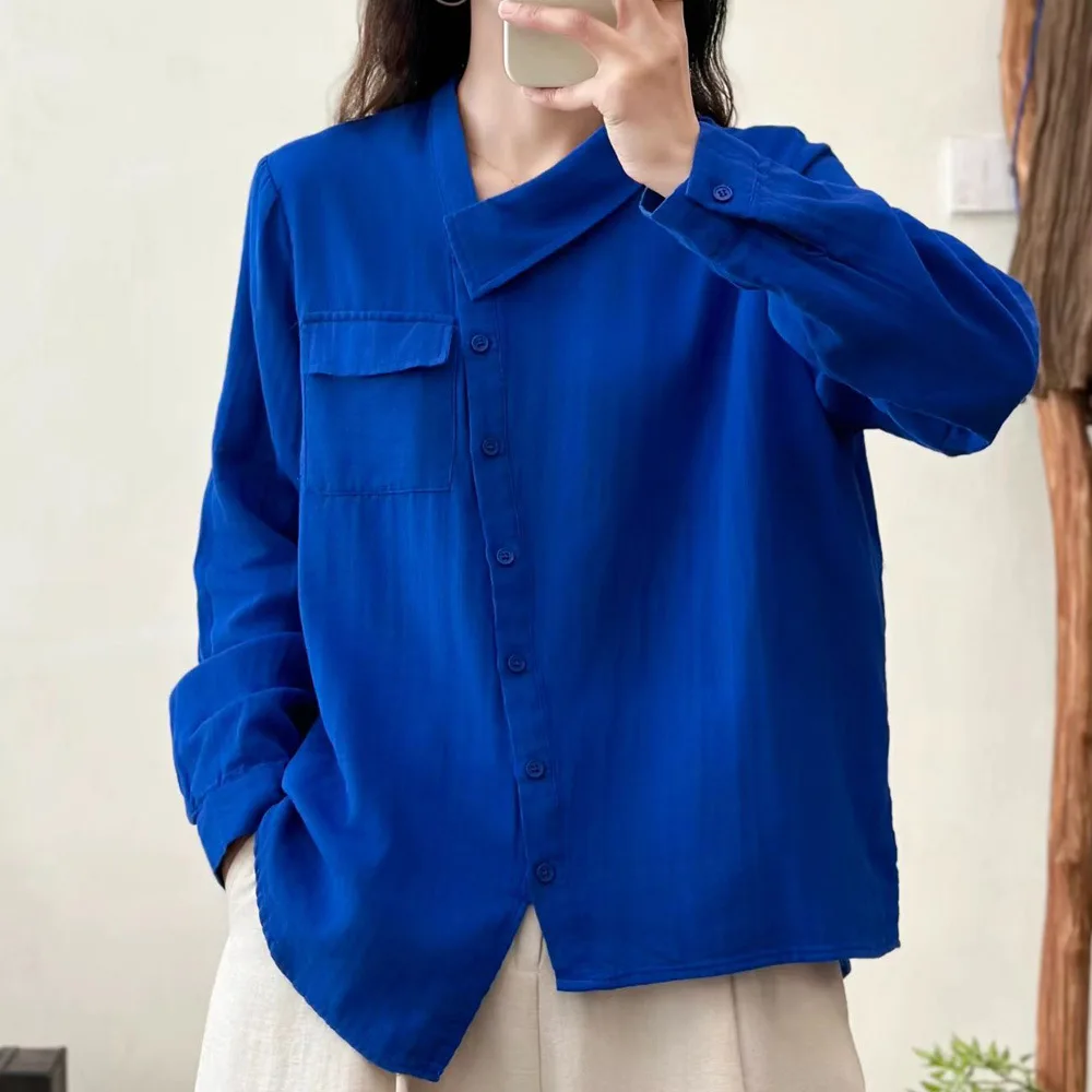 

[Готовый запас] Высококачественная женская блузка из 100% хлопчатобумажной пряжи, рубашка, новый индивидуальный дизайн, повседневные синие свободные рубашки большого размера, топы
