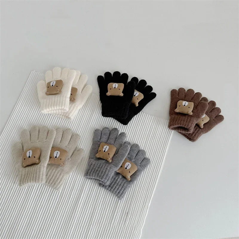 

Cute Winter Kids Knitted Gloves 3D Bear Baby Mittens Solid Woolen Children Five Finger Gloves 1-4year Korean Toddler Hand Warmer