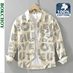 Loose Fresh Printed 100% Cotton Shirts for Men Clothing Long Sleeve Big Pockets Soft Men Shirts CM7263
