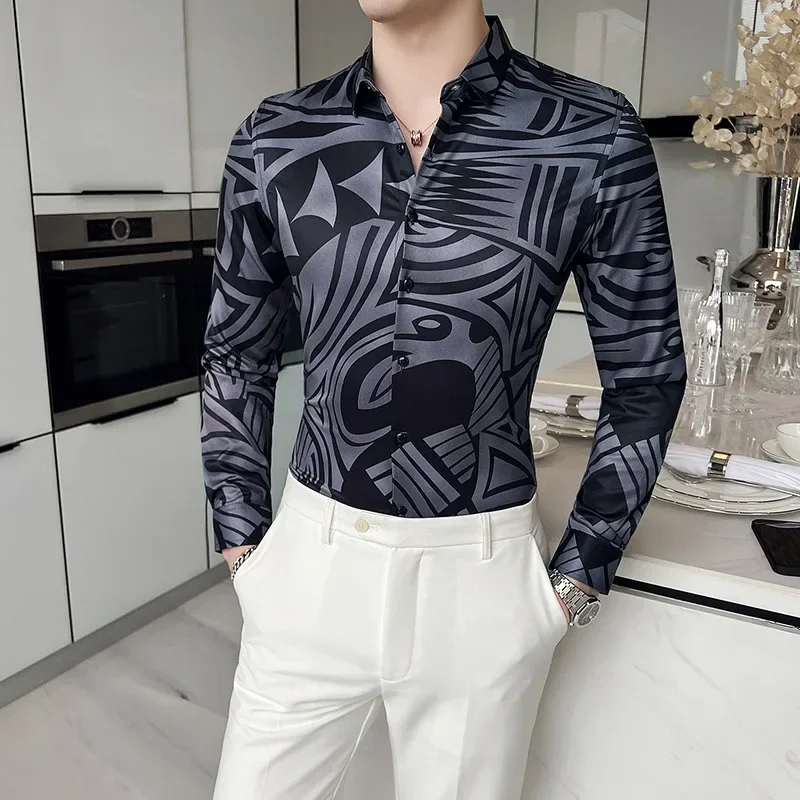 

M-6XL Luxury Male Shirts New High-end Brand Boutique Fashion Print Casual Long Sleeve Shirt for Men Camisas Social Street