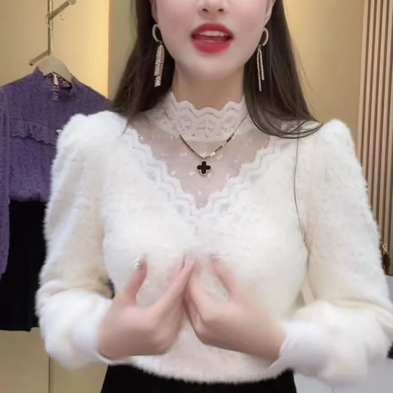 

Women's Lined Lace Paneling Half High Collar T-Shirt Inner Wear Sensation French Style Top Warm Base Layer Shirt TT100