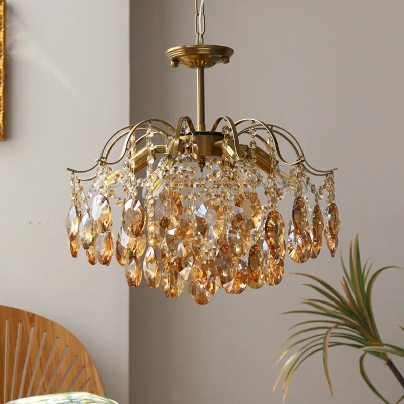 

Living room romantic amber crystal lamp American light luxury retro bedroom dining room cloakroom all-copper chandelier