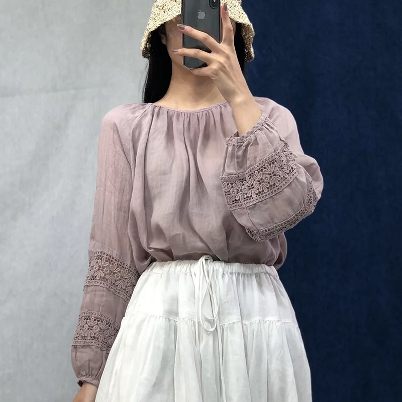 Johnature 2024 New Solid Color Vintage Linen Patchwork Lace Hollow Out Womens Tops And Blouses Summer Loose All Match Shirts