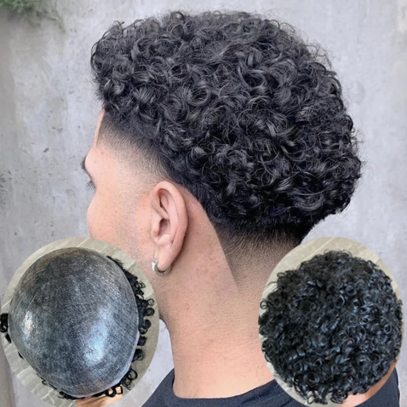 Tupé rizado Natural para hombres, Base de Pu completa, cabello humano masculino, línea de cabello Natural, duradero, piel fina, sistema de prótesis, fresco, 15mm