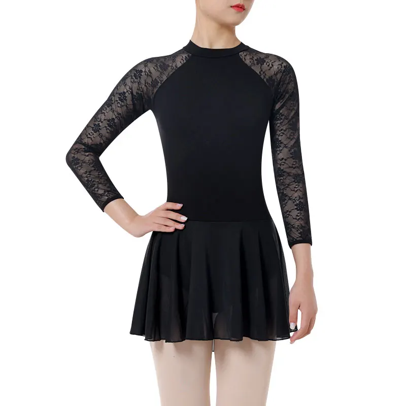 Women\'s Black Ballet Clothes Temperamental Turtleneck Dance Leotard With Druable Skirt Adult Lace Long Sleeve Ballet Dress