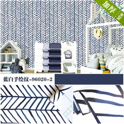 Geometric Herringbone Peel and Stick Wallpaper White and Blue Line Wallpaper Self-Adhesive Wall Stickers for Bedroom Home Decor