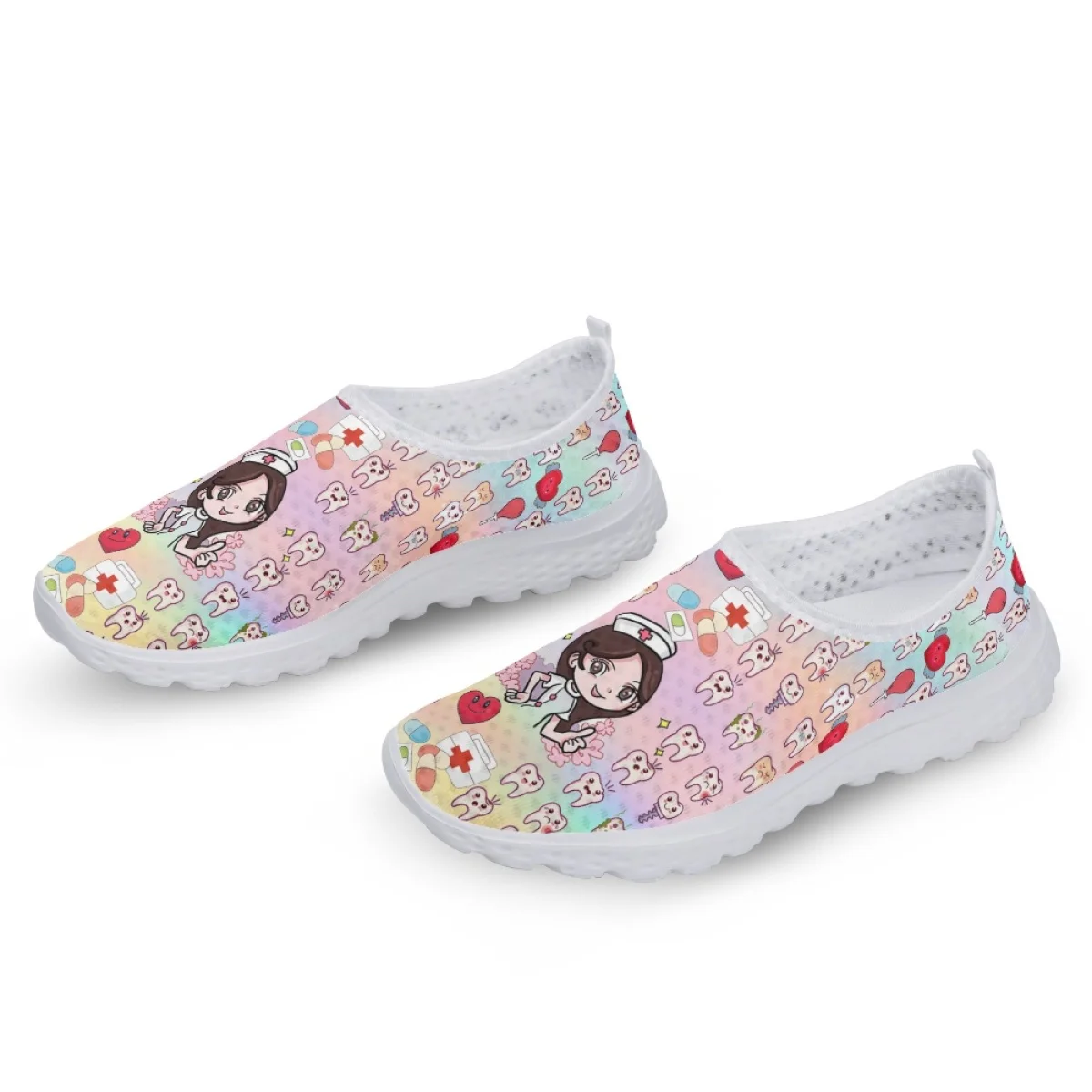 Cartoon Dental Nurse Fairy Printed Casual Shoes Summer Lightweight Mesh Ladies Sneakers Protect Teeth Design Girls Flat Shoes