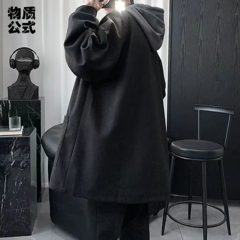 ポップ暖かいフード付きミッドレングスジャケット男性厚いカジュアルシングルブレスト偽二枚コート高品質対照的な色暖かいパー
