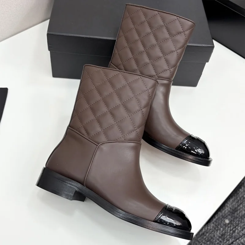 

High quality top grain cowhide shoe upper Sheepskin footrest women's diamond patterned genuine leather short boots 25100151