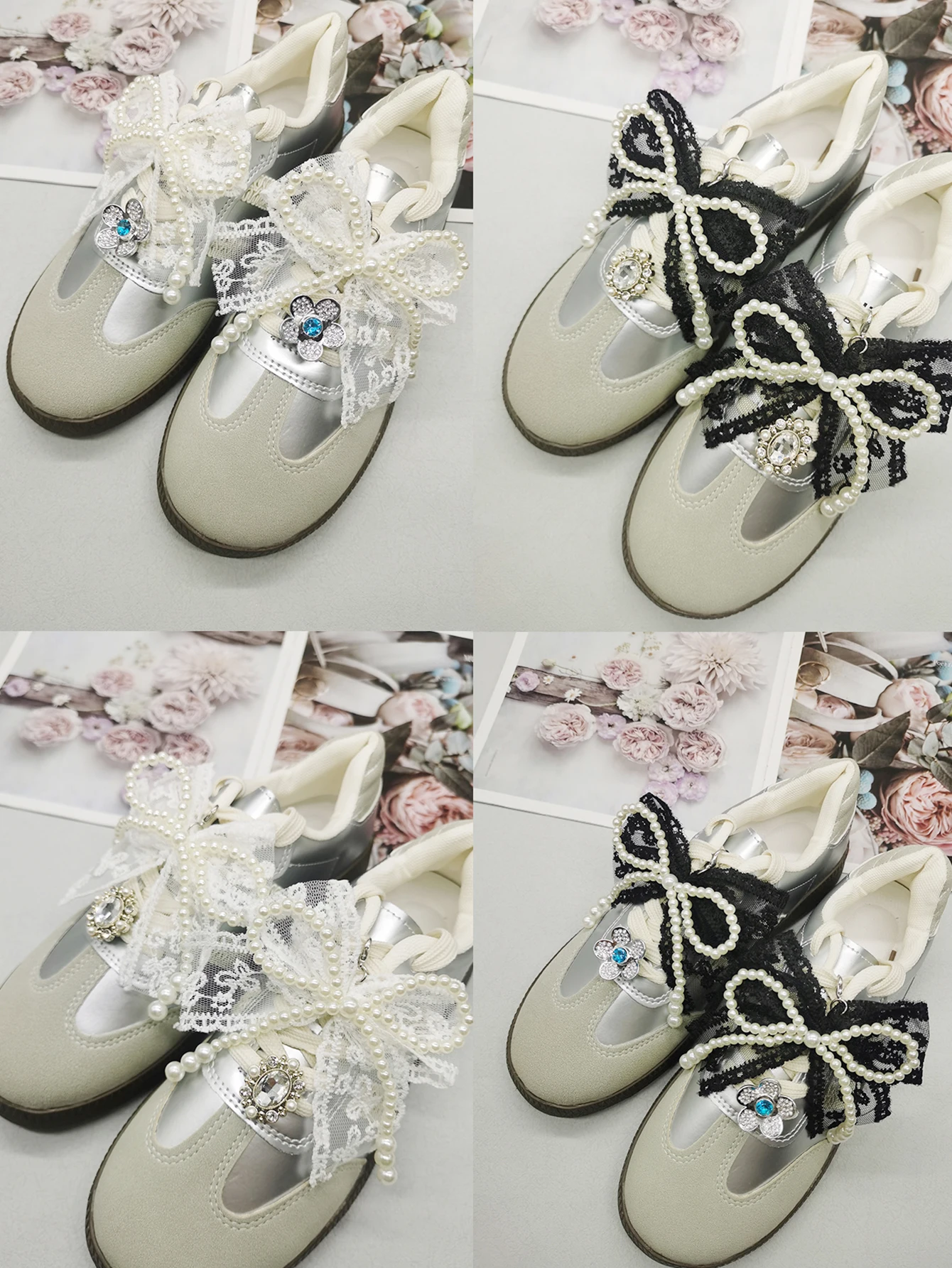 4PCS Barock Stil Spitze Bowtie Schuh Anhänger Blume Schnürsenkel Charms Schnürsenkel Schnallen DIY Dekorationen Schuh Clips Zubehör – Detail 9