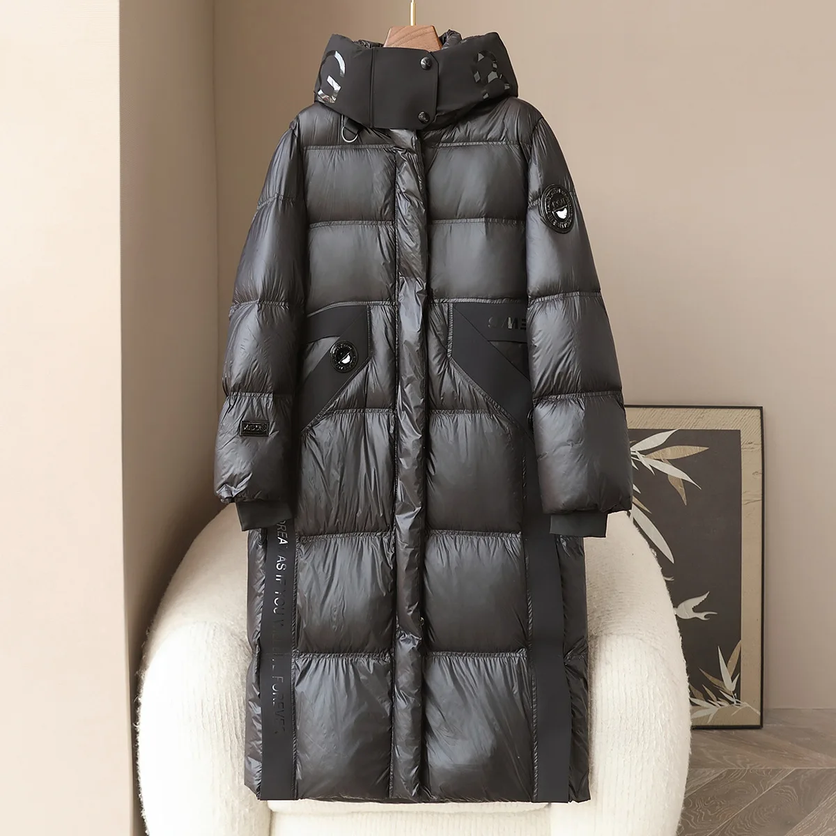 

Spring New Product 90% White Goose Down Long Hooded Jacket for Women Popular Black Gold Down Parka Warm and Thick Coat