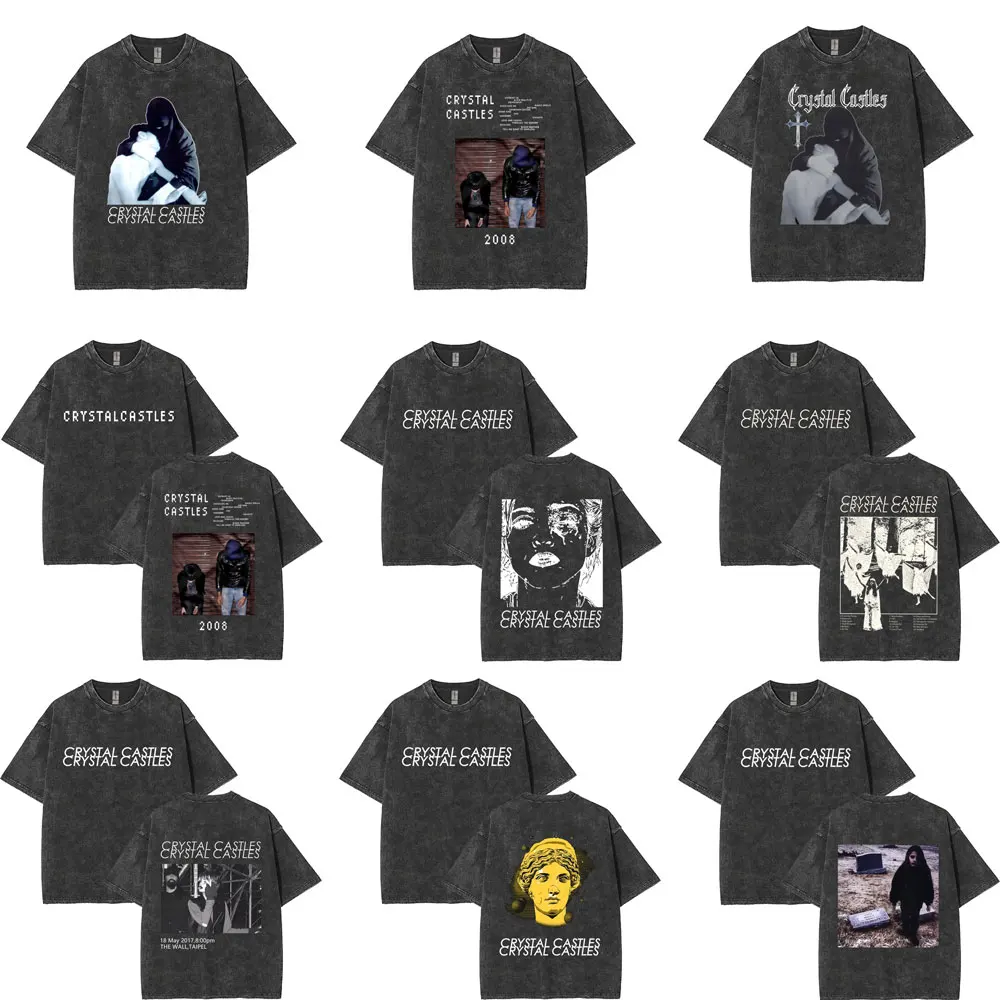 Crystal Castles Vintage Washed T Shirts Gothic Punk Music Album T-shirts Men Women Fashion Rock Oversized Short Sleeve T-shirt
