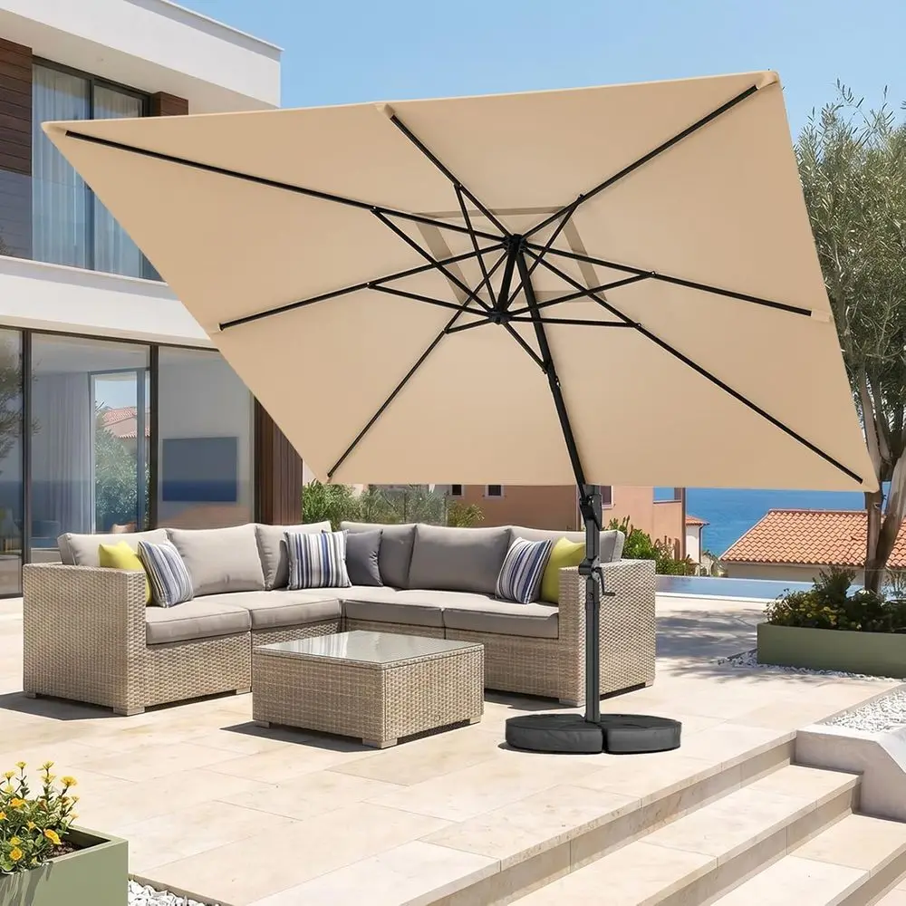 10x10 T Cantilever Patio Umbrella with Base, Large Square Outdoor Umbrella, 360° Rotation, Heavy Duty Pool Umbrellas, 6 Ribs, 3-