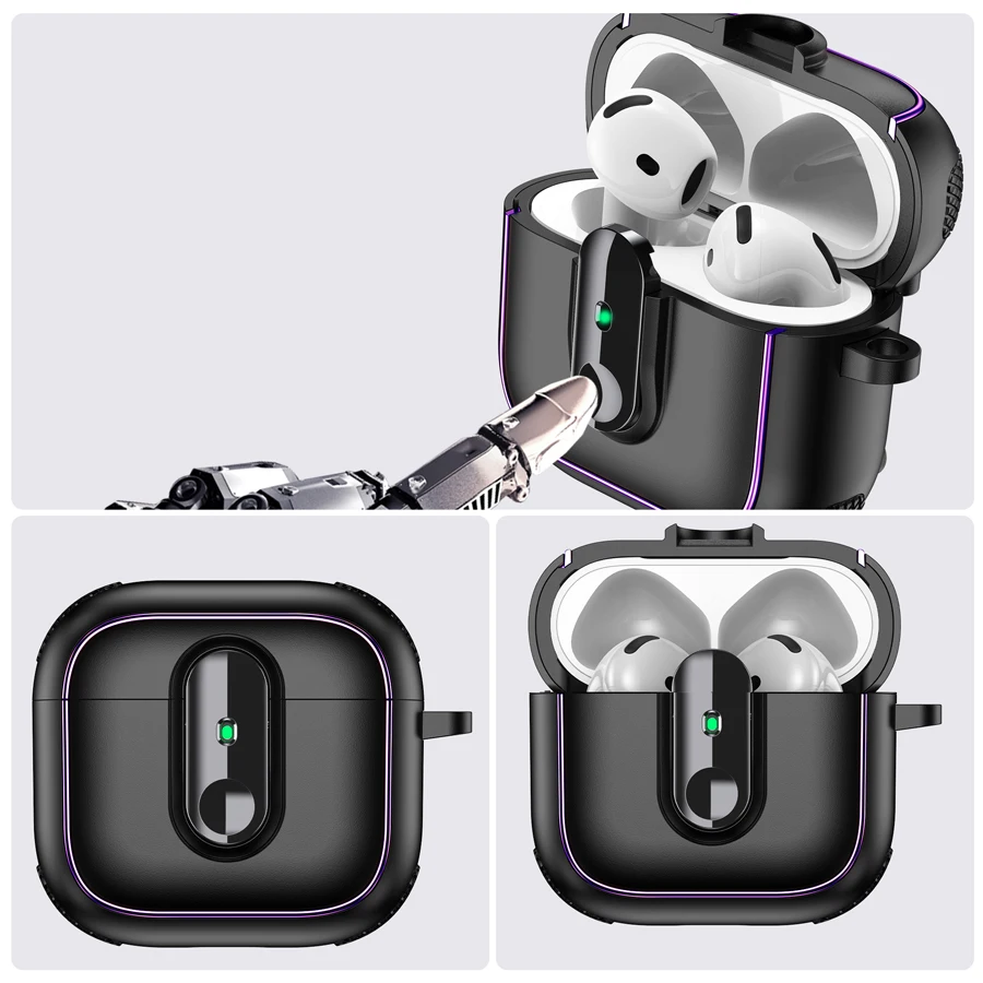 Armor Locking Clasp Earphone Cover for AirPods 4 3 2 Pro 3 2 with Plated Purple Strips with Magnetic Attraction Protective Case