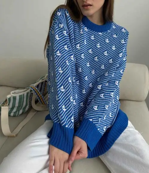 

2025 Round Neck Sailboat Jacquard Temperament Commuting Versatile Loose Knitted Pullover Autumn Women's Casual Knitted Sweater