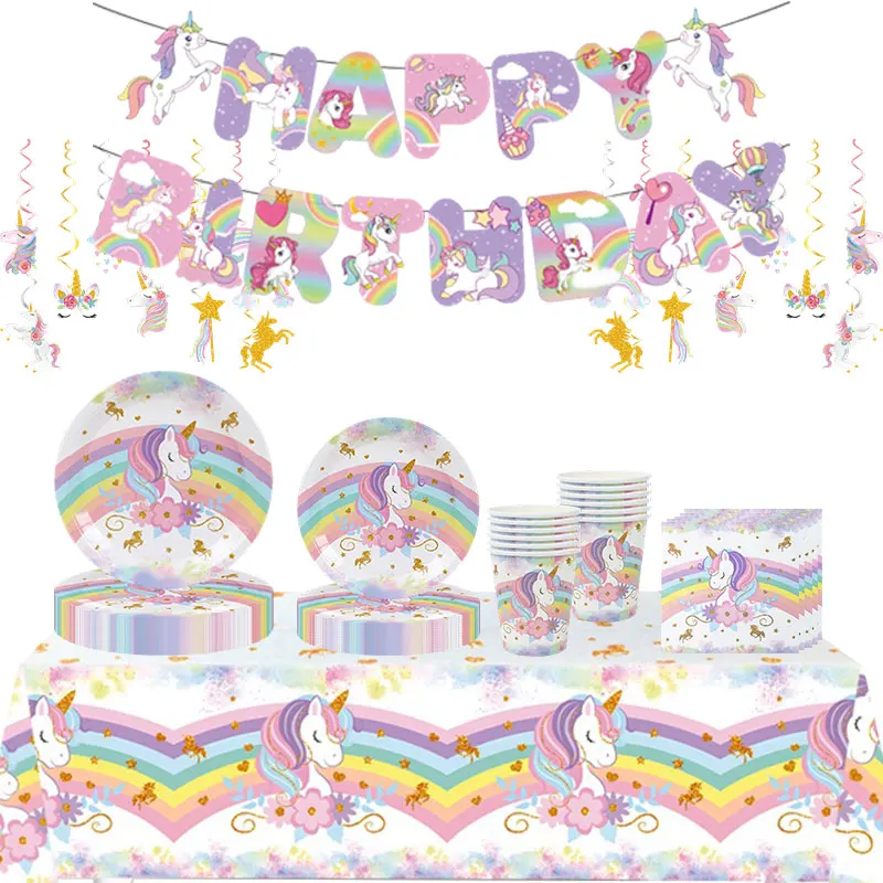 Unicorn Girl Birthday Decoration Set Cup Plate Unicorn Balloons Happy Banner Cake Topper Backdrop Supplies for Kids Party Favors view 3