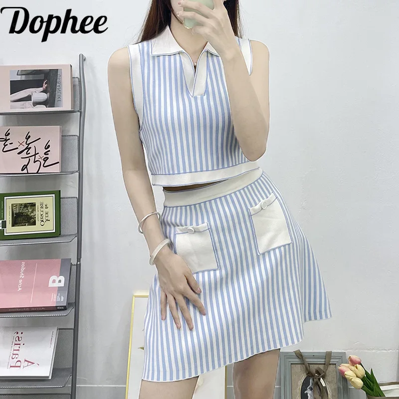 

Dophee Preppy Style Colorblock Vertical Stripes Two-piece Set Elegant V-neck Sleeveless Tanks Crop Top + Short A-line Skirt Suit