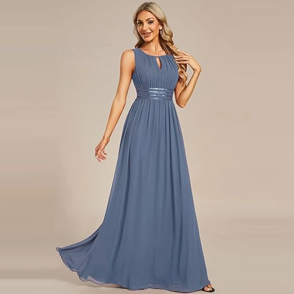 Customized Women's Fall Crew Neck Sleeveless Ruched A Line Hollow Out Sequin Maxi Formal  Wedding Party Dresses