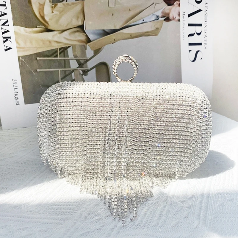 Wedding Clutch Cocktail Shoulder Bag Women Formal Evening Bag Party Banquet Glitter Purse Handbag RhinestoneTassels Bag