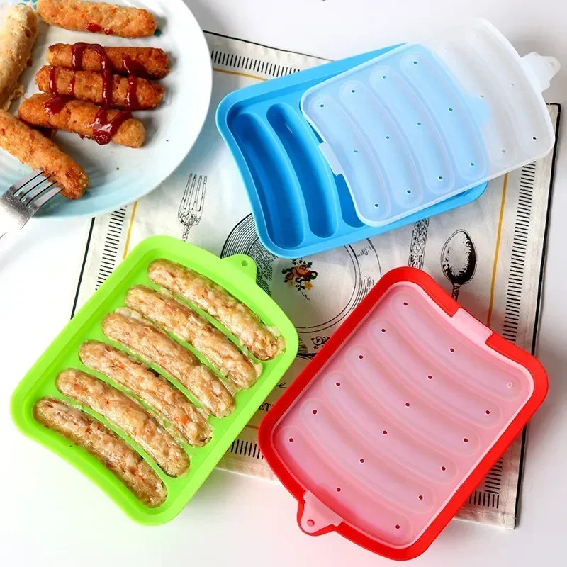 Silicone Food Grade Sausage Mould 6 Cavity Homemade Ham Hot Dog Making Tray Household Cake Baking Molds with Lid Kitchen Tools